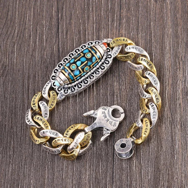 Bracelet Dzi à neuf yeux avec mantra à six caractères en turquoise-GNK