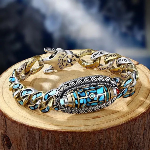 Bracelet Dzi à neuf yeux avec mantra à six caractères en turquoise-GNK
